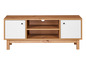 Een houten tv-meubel met twee deuren en een open vak.