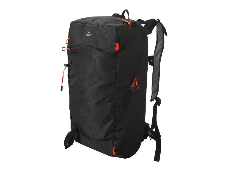 Un sac à dos Crivit noir avec des accents orange, doté de bretelles et de poches latérales.