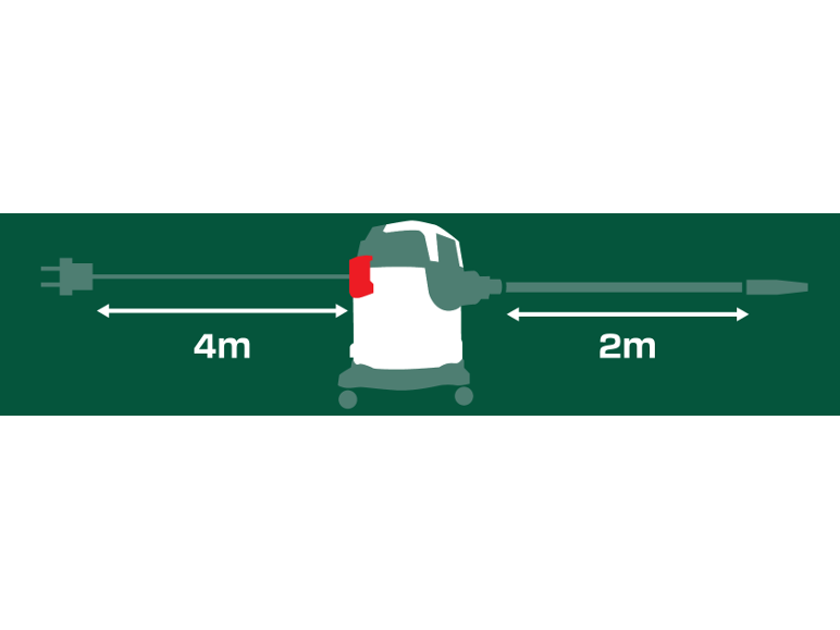 Aspirateur avec câble de 4m et tuyau de 2m.
