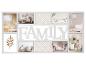 Cadre photo blanc multi-ouvertures épelant 'FAMILY' avec diverses images de décoration intérieure.