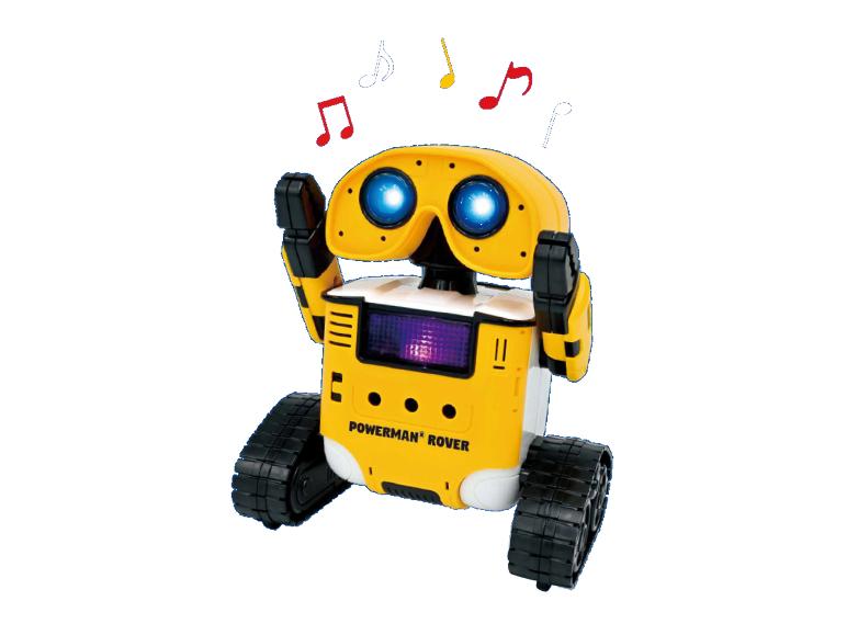 Een gele en witte robot met rupsbanden, helderblauwe ogen en muzieknoten erboven.