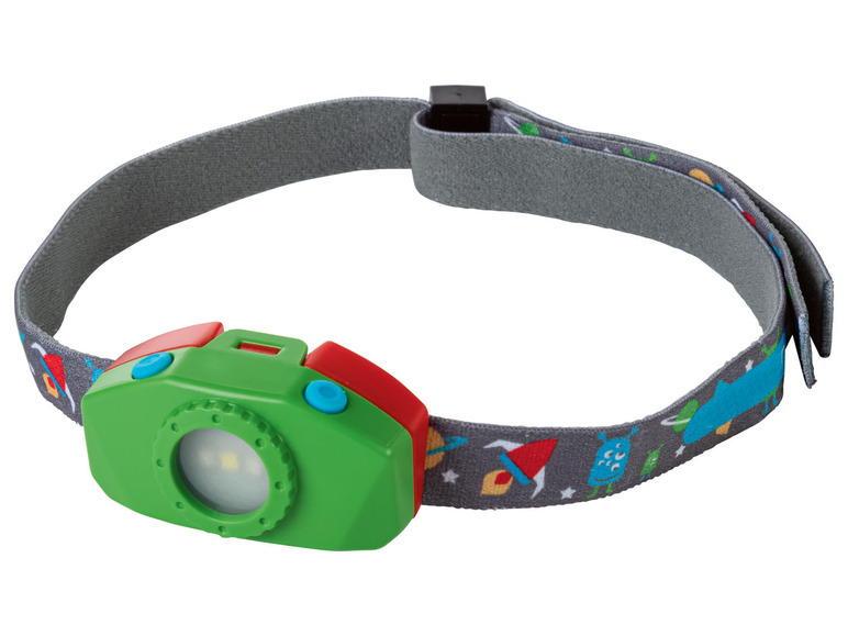 Een groene kinderkoplamp met een ruimtestation ontwerp.