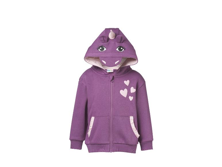 Sweat à capuche violet pour enfant avec visage de licorne sur la capuche et appliqués cœurs