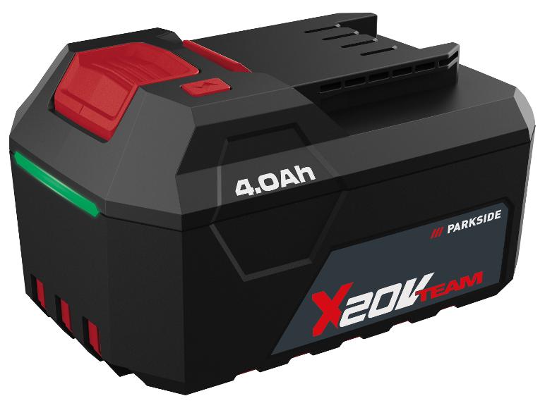 Batterie d'outil électrique 4.0Ah noire et rouge avec indicateur de charge vert.