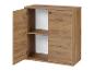 Meuble de rangement en bois avec deux portes, une ouverte et une fermée, et une étagère.