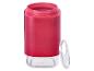Roze container met transparant deksel.