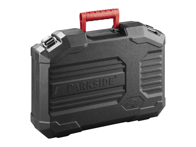 Een zwarte gereedschapskoffer van Parkside met een rode handgreep.