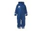 Blauwe kinderregenoverall met capuchon en wolkontwerp met de tekst 'HAPPY DAY'.