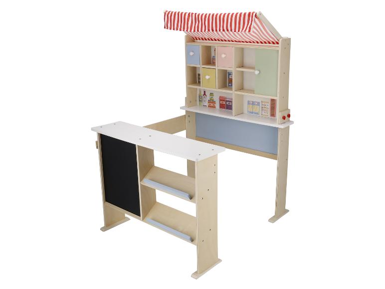 Étal de marché en bois pour enfants avec étagères, tiroirs et tableau noir.