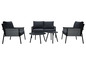 Een zwarte loungeset met twee fauteuils, een loveseat en twee tafeltjes.
