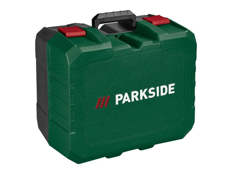 Groene PARKSIDE gereedschapskist met zwart handvat en rode sluitingen