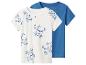 2-pack kindershirts: één wit met blauwe skateboardhondenprint en één effen blauw.