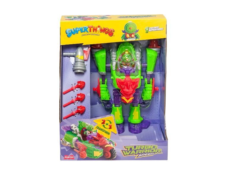 Jouet SuperThings Turbo Warrior Speed, un robot vert et violet dans une boîte ouverte.