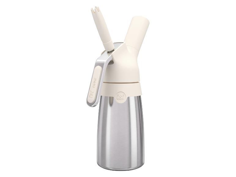 Roestvrijstalen slagroomdispenser met crèmekleurige details