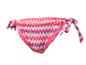 Dames bikinibroekje met roze en oranje zigzagprint, met strikjes aan de zijkant.