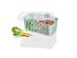 Een groene plastic opbergdoos met deksel, met daarin tomaten en sla.