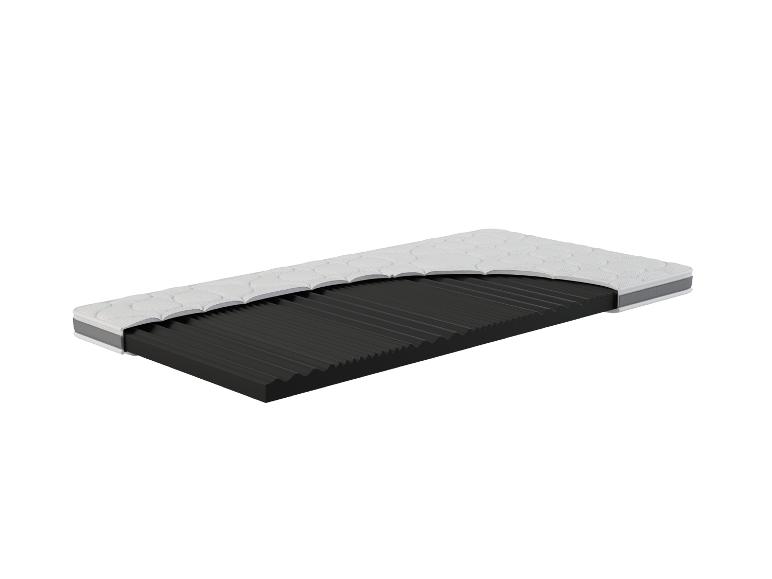 Doorgesneden weergave van een matras, met de witte gewatteerde hoes en zwarte golvende schuimkern.