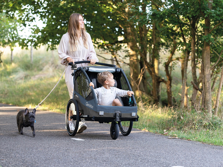 Une femme se promène avec une poussette Qeridoo, un chien et un enfant.