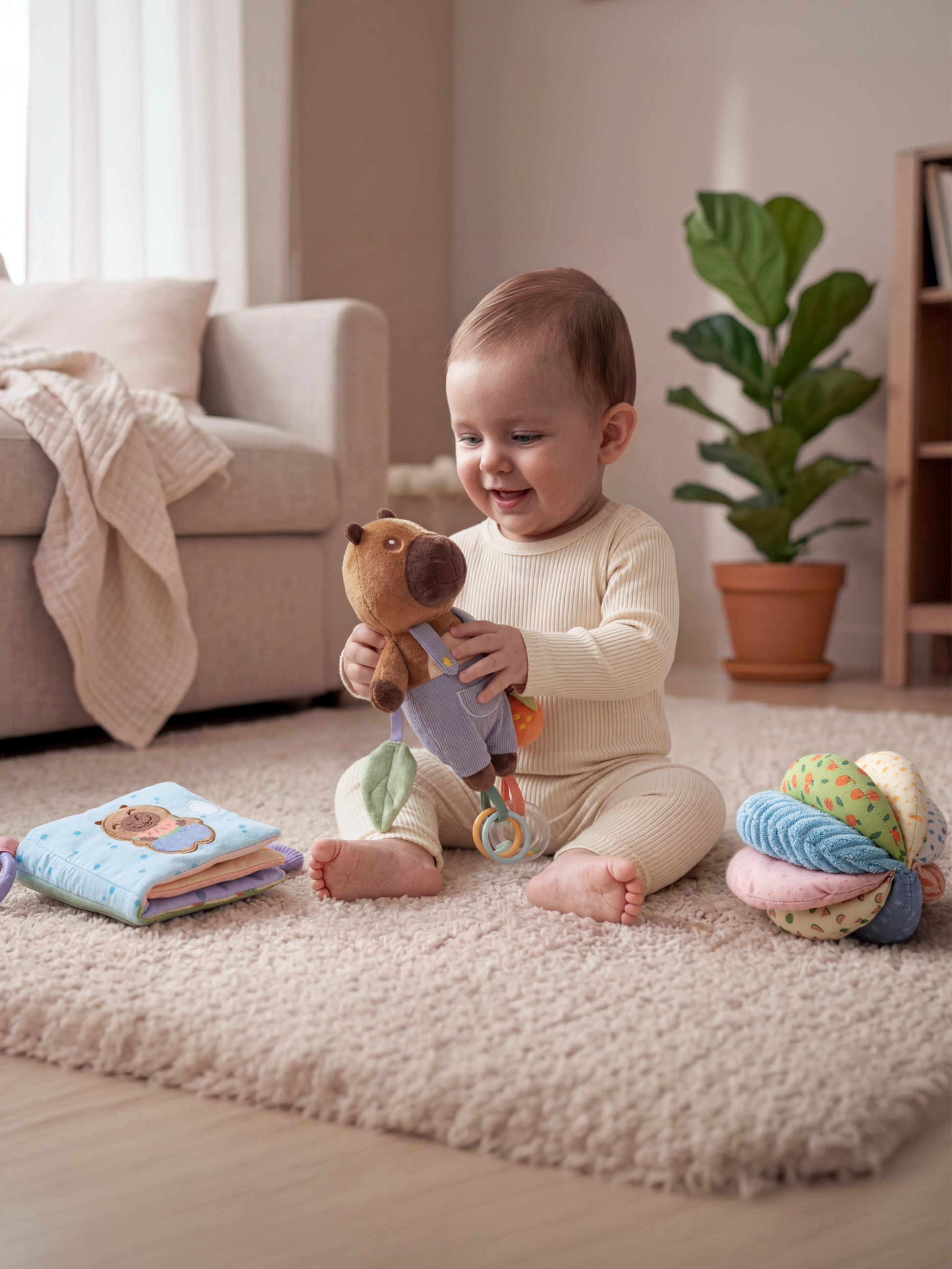 Bébé heureux jouant avec un ours en peluche, un livre en tissu et une balle sensorielle sur un tapis.