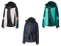 Drie verschillende ski-jassen in blauw, groen en wit met rode strepen.