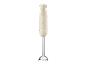 Beige staafmixer met roestvrijstalen staaf en mes, met knoppen en de tekst '1973'.