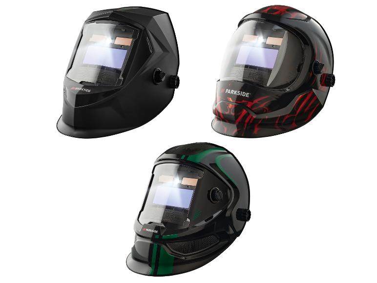 Drie Parkside lasmaskers: zwart, zwart met rode vlammen en zwart met groen.