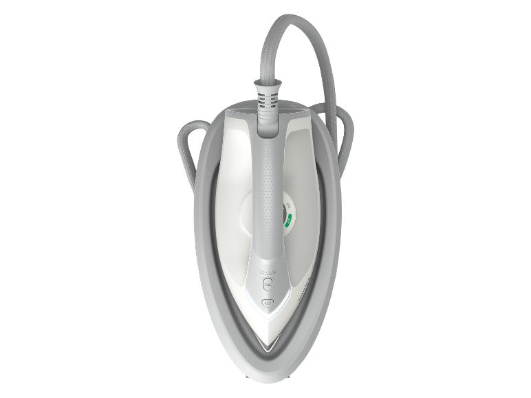 Fer à vapeur avec base grise et cordon textile, vu de dessus.