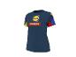 Donkerblauw T-shirt met korte mouwen, kleurrijke inzetstukken en een logo op de borst.