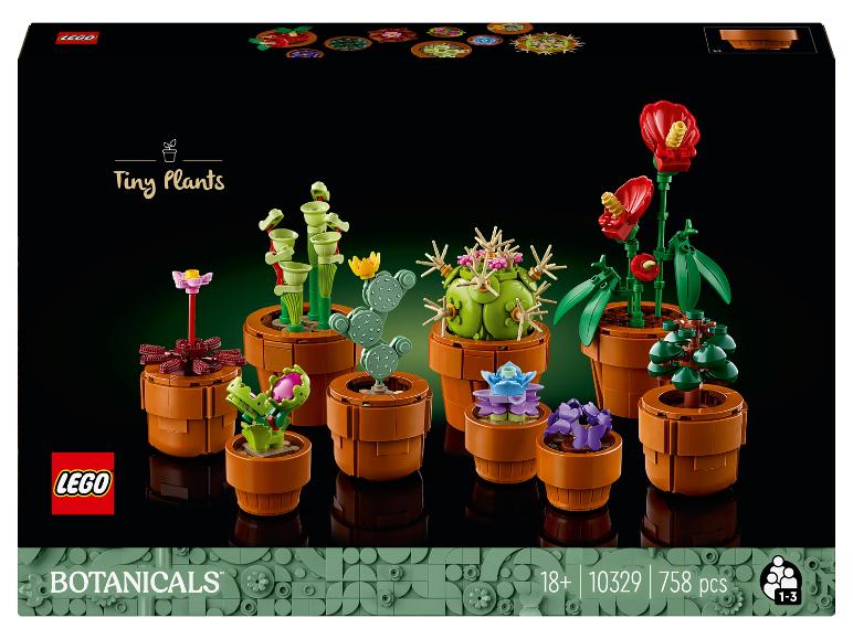 Ensemble LEGO Botanicals Tiny Plants avec neuf plantes à construire différentes en pot.