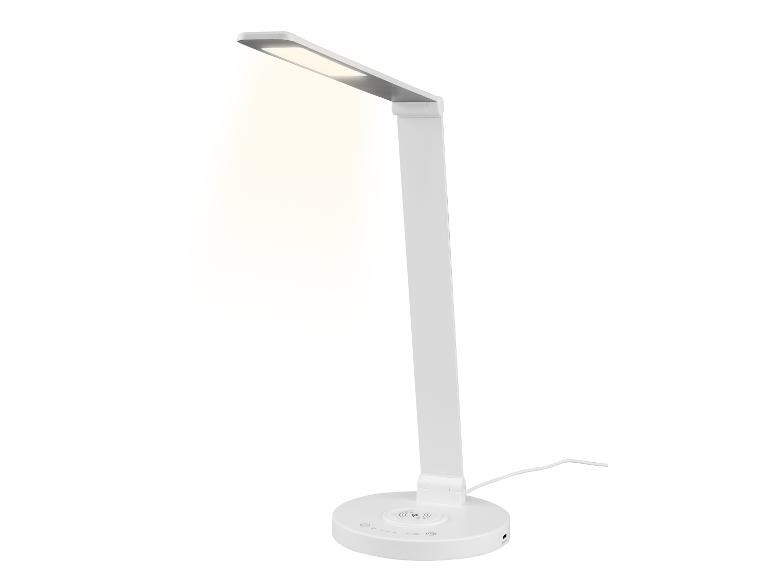 Lampe de bureau LED blanche avec chargeur sans fil.
