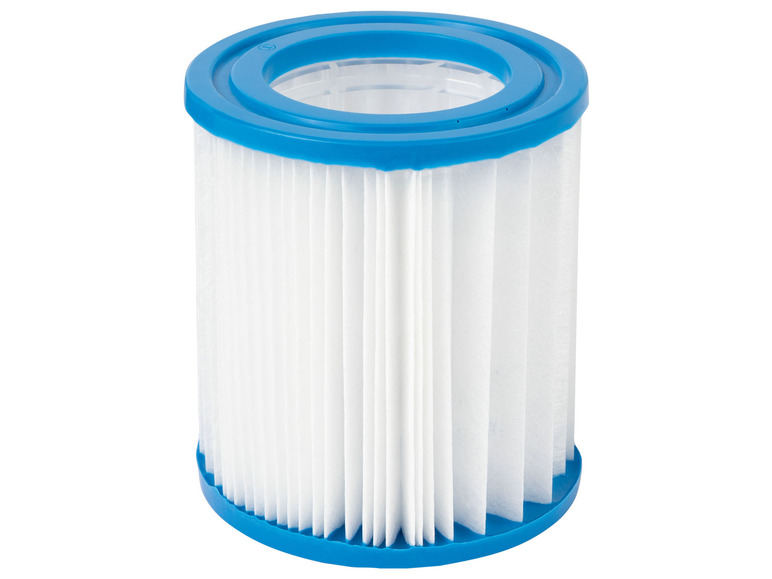 Een wit zwembadfilter met een blauwe rand.
