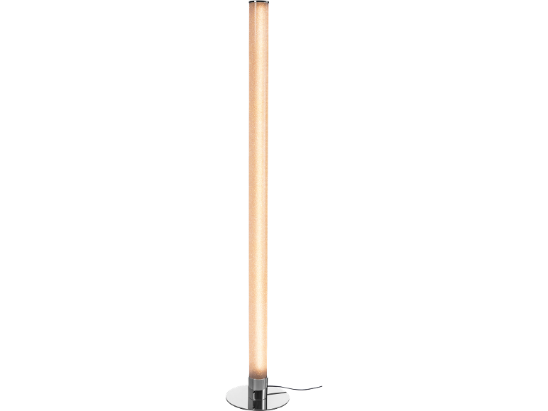Kolom vloerlamp met gouden glitters, chromen voet en zwarte kabel.