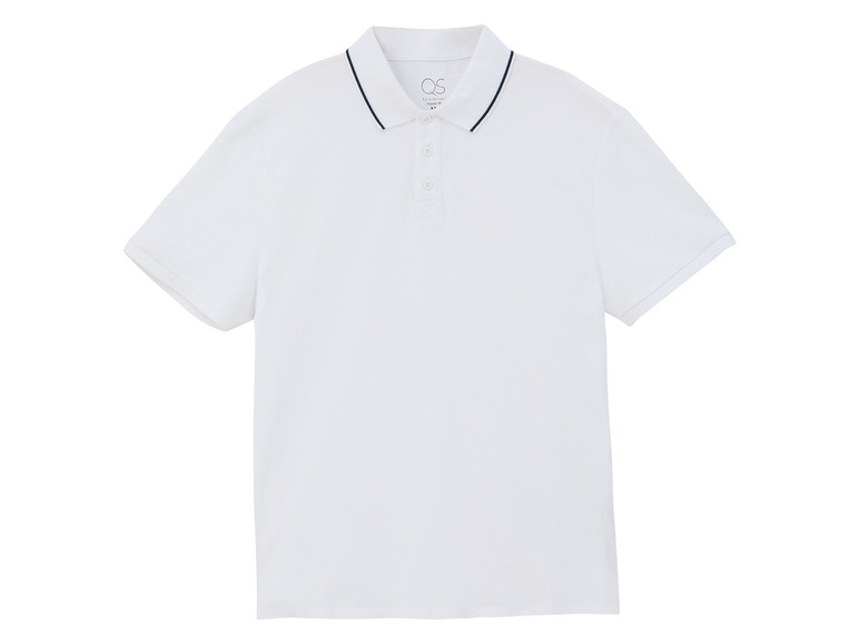 Een wit poloshirt met een donkerblauwe rand.