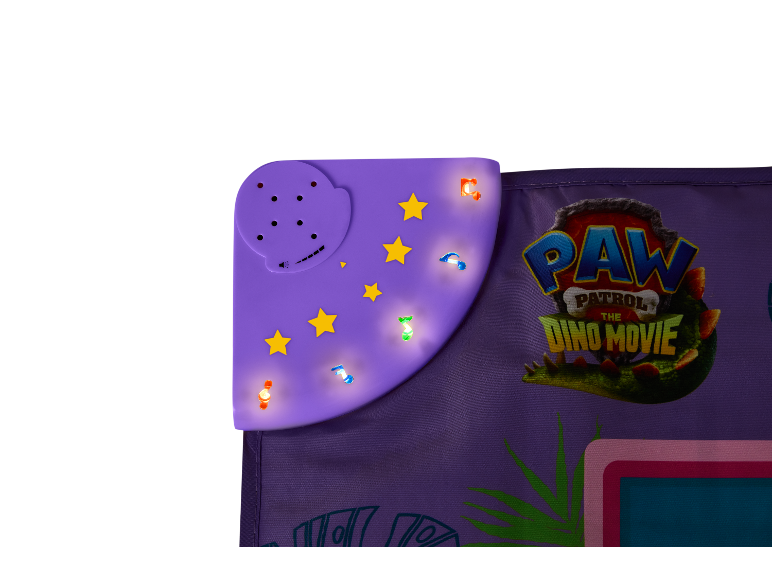 Paars kinderspeelgoed met lichtgevende sterren en muzieknoten, met dinosaurus-thema.