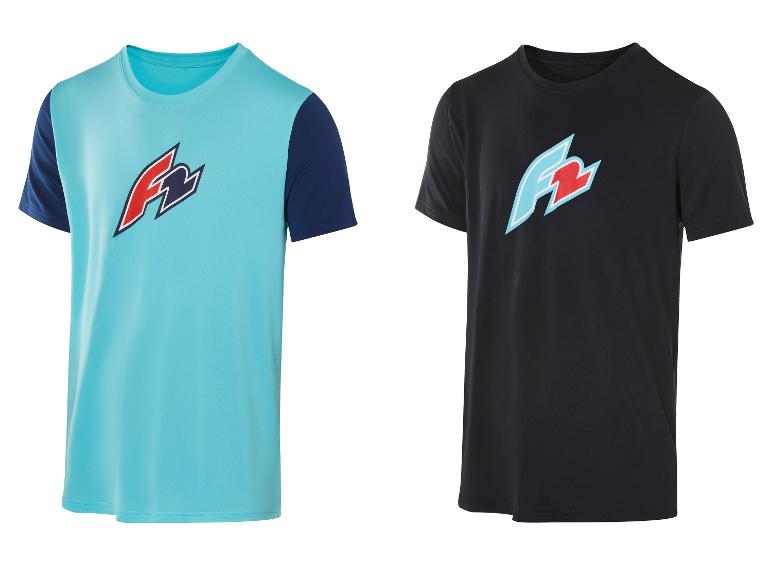 Twee F2 shirts, één turquoise en één zwart.
