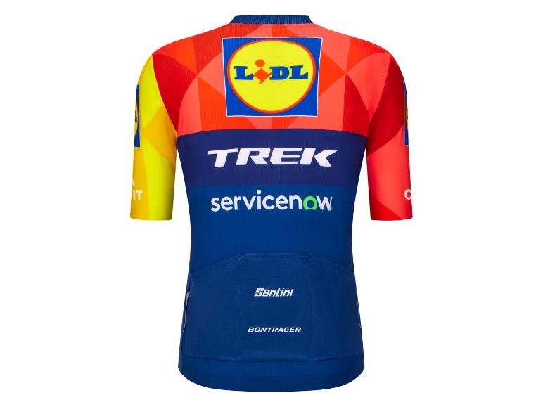 Maillot de cyclisme rouge, jaune et bleu avec un logo de supermarché.