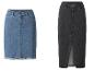 Deux jupes en jean, une bleue et une noire, sont présentées sur fond blanc.