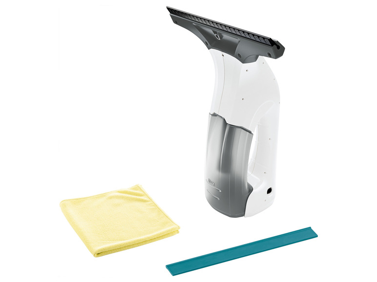 Een witte glazenwasser met een gele microvezeldoek en een blauwe rubberen strip.