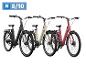 Drie moderne elektrische fietsen in zwart, beige en roze.