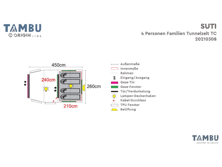 Een diagram met afmetingen van de Tambu SUTI 4-persoons tunneltent.