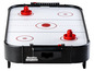 Een zwart airhockeytafel met rode pucks en doelen van het merk KiddySpeed.