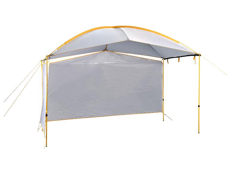 Auvent de camping avec paroi latérale, idéal pour l'ombre et l'intimité.