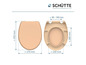 Een beige toiletbril met afmetingen in millimeters.