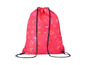 Un sac à dos en cordon rouge avec un imprimé d'unicornes et de crânes.
