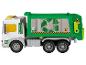 Witte en groene speelgoedvuilniswagen met recyclingsymbolen.