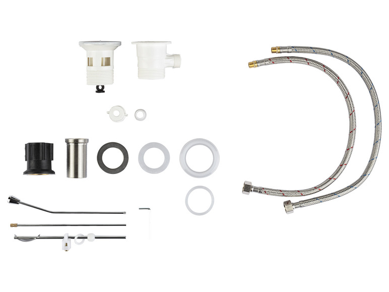 Un ensemble comprenant deux flexibles d'eau, un bouchon d'évacuation, des pièces pour un robinet et des accessoires.