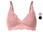 Soutien-gorge triangle en dentelle rose pâle avec bretelles fines, disponible en rose et noir.