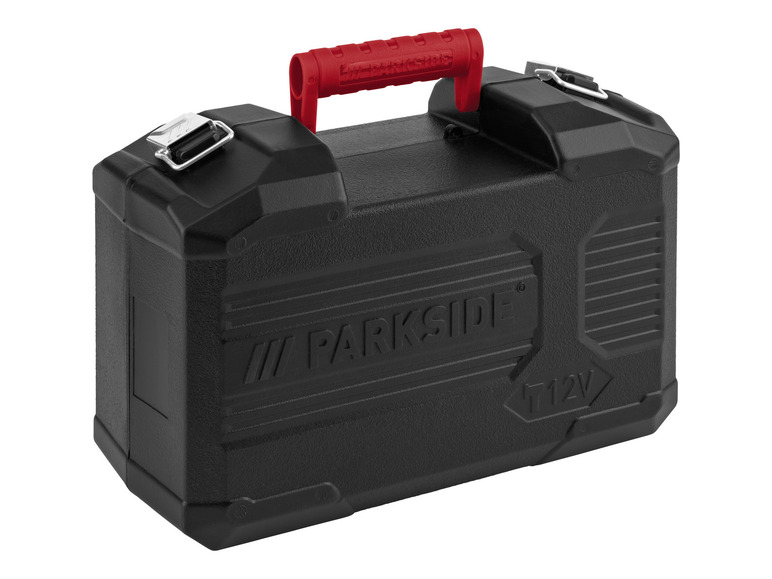 Een zwarte Parkside gereedschapskoffer met rode handgreep.