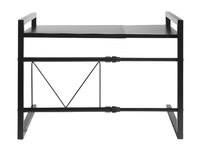 Uitschuifbaar zwart metalen keukenrek met twee niveaus en steunstangen.