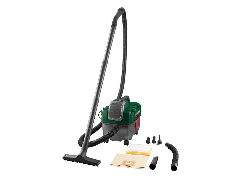 Aspirateur eau et poussière avec accessoires, y compris tuyau, buses et filtres.